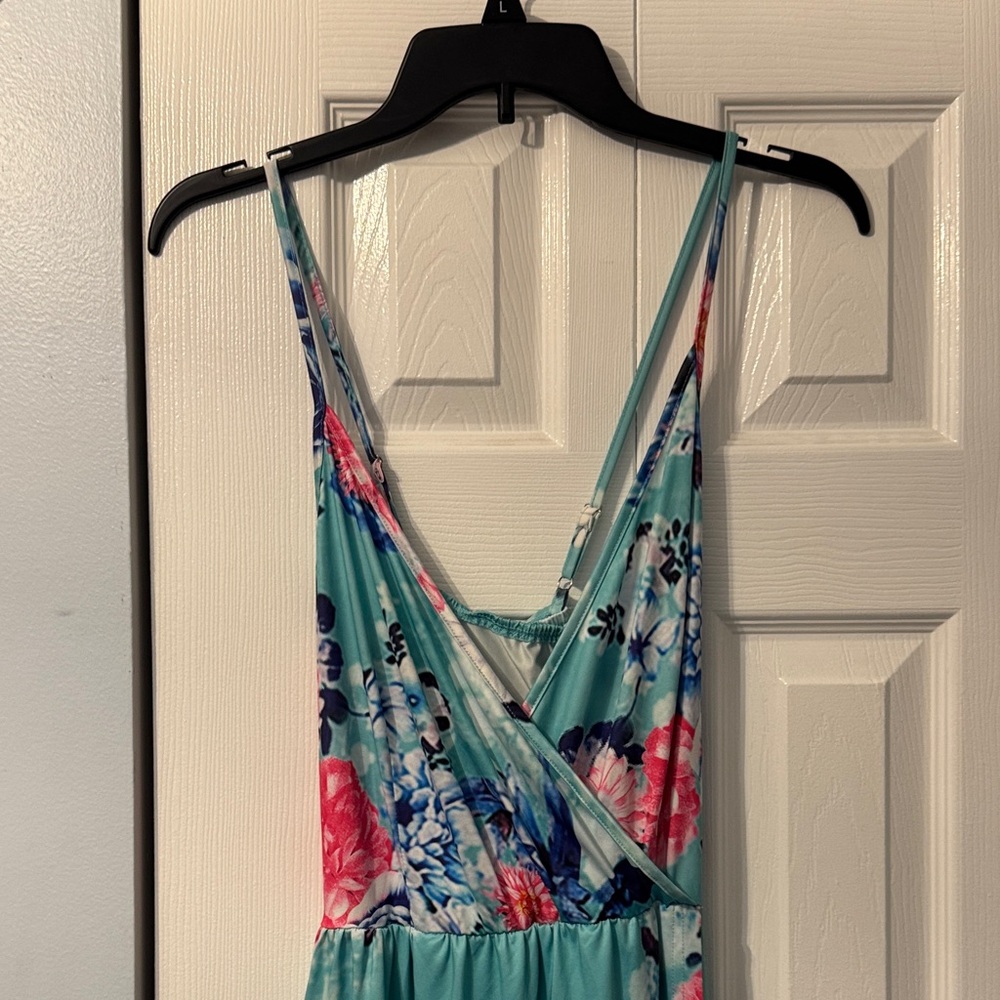 Floral Sleeveless V-Neck Maxi Dress in Aqua